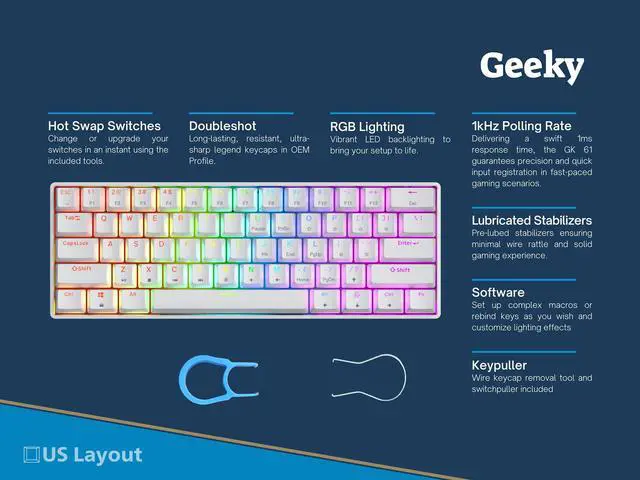 Alt view image 2 of 7 - Geeky GK61 60% | Hot Swappable Mechanical Gaming Keyboard | 61 Keys Multi Color RGB LED Backlit for PC/Mac Gamer | ANSI US American Layout (White, Mechanical Red)