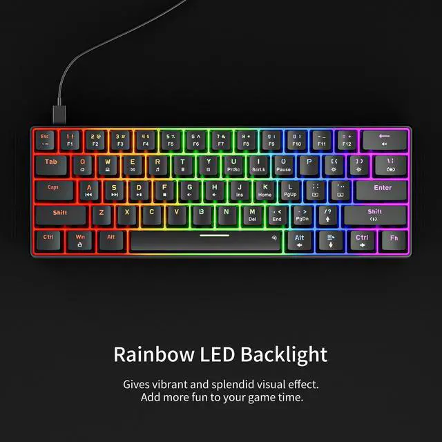 Alt view image 2 of 7 - Newmen GM611 Mechanical Keyboard,Rainbow LED Backlit Gaming Wired Keyboards Compact Mini 61 Keys Portable 60 Percent Mechanical Keyboard with Black Keycaps,for Windows Laptop PC Linear Red Switches