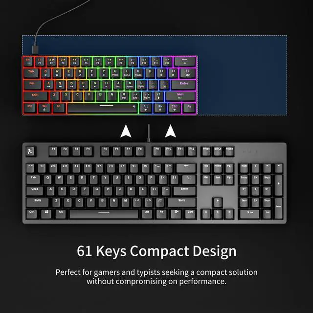 Alt view image 3 of 7 - Newmen GM611 Mechanical Keyboard,Rainbow LED Backlit Gaming Wired Keyboards Compact Mini 61 Keys Portable 60 Percent Mechanical Keyboard with Black Keycaps,for Windows Laptop PC Linear Red Switches