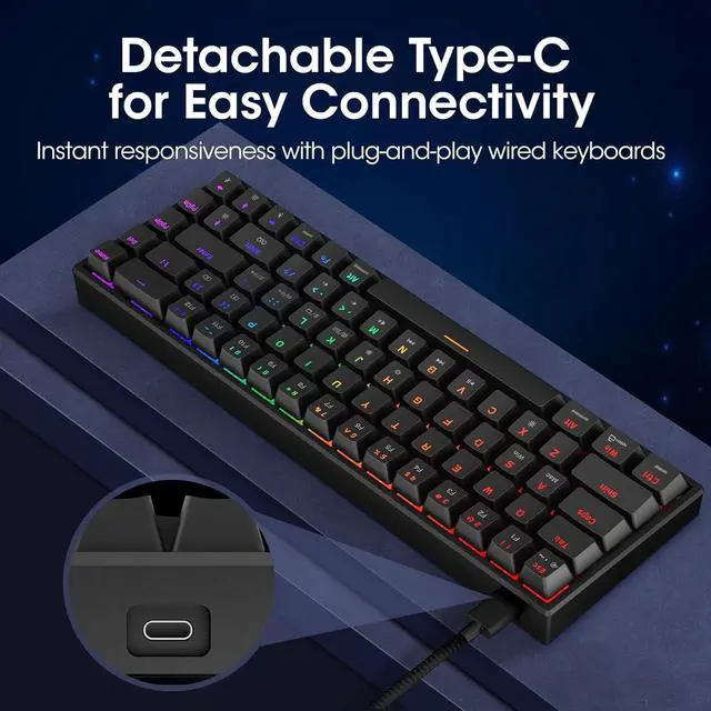 Alt view image 4 of 6 - KOORUI 60% Mechanical Gaming Keyboard, Mixed Colors LED Backlit Ultra-Compact 68 Keys, Mini Wired Keyboard with Blue Switch for Windows Laptop PC/Mac OS/Xbox