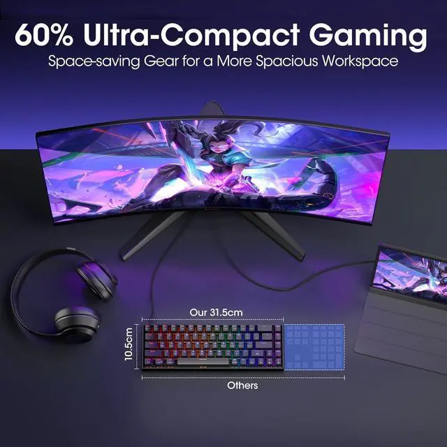 Alt view image 2 of 6 - KOORUI 60% Mechanical Gaming Keyboard, Mixed Colors LED Backlit Ultra-Compact 68 Keys, Mini Wired Keyboard with Blue Switch for Windows Laptop PC/Mac OS/Xbox