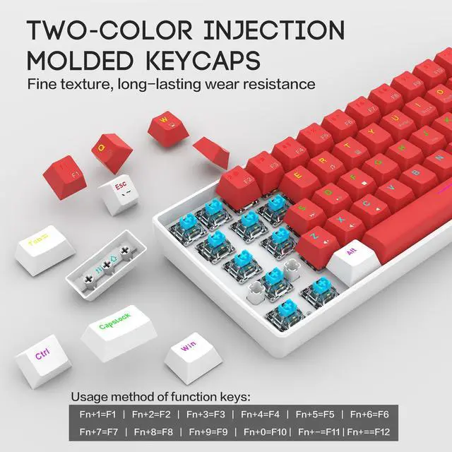 Alt view image 2 of 6 - CTBTBESE 60% Wired Mechanical Gaming Keyboard, Mixed Backlit 61 Keys Compact Waterproof Mini Keyboard with Blue Switches for PC/Mac, Gamer, Typist, Travel (Mechanical White red)