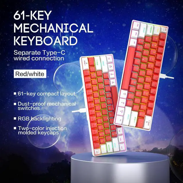Alt view image 3 of 6 - CTBTBESE 60% Wired Mechanical Gaming Keyboard, Mixed Backlit 61 Keys Compact Waterproof Mini Keyboard with Blue Switches for PC/Mac, Gamer, Typist, Travel (Mechanical White red)