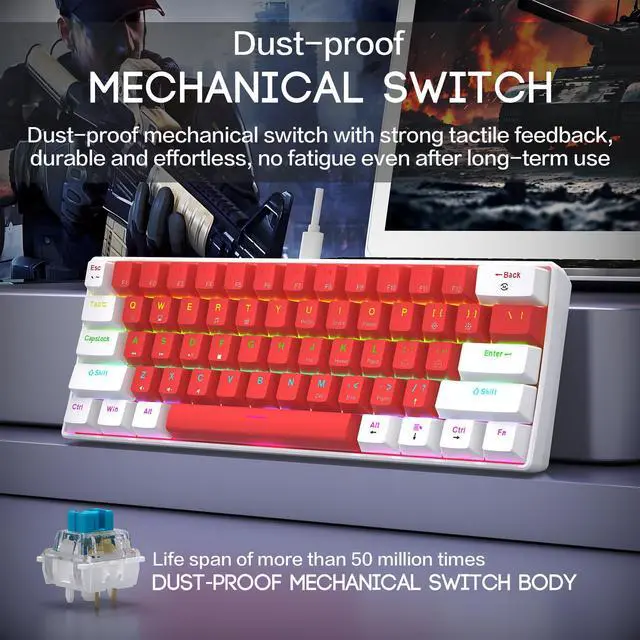 Alt view image 5 of 6 - CTBTBESE 60% Wired Mechanical Gaming Keyboard, Mixed Backlit 61 Keys Compact Waterproof Mini Keyboard with Blue Switches for PC/Mac, Gamer, Typist, Travel (Mechanical White red)