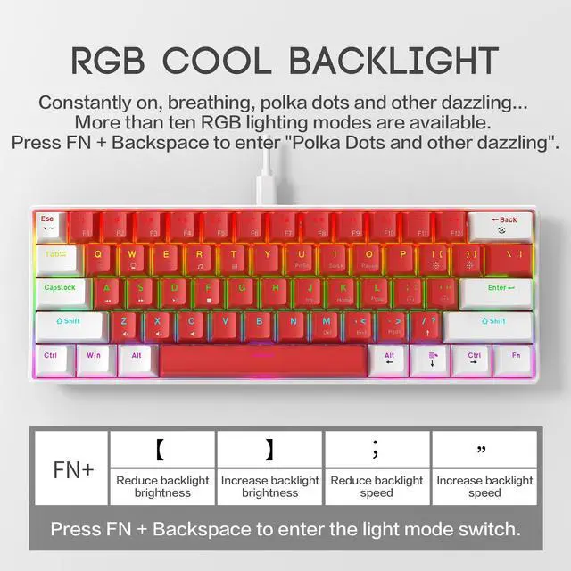 Alt view image 4 of 6 - CTBTBESE 60% Wired Mechanical Gaming Keyboard, Mixed Backlit 61 Keys Compact Waterproof Mini Keyboard with Blue Switches for PC/Mac, Gamer, Typist, Travel (Mechanical White red)