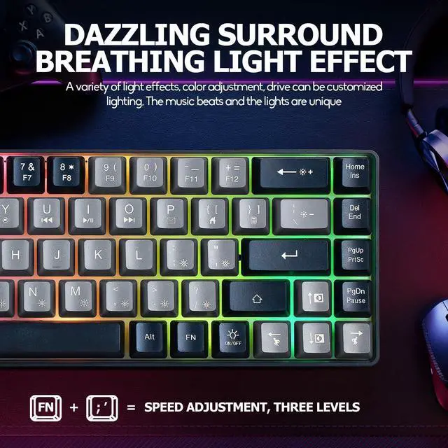 Alt view image 3 of 7 - Wired Portable 60% Mechanical Feeling Gaming Keyboard,RGB LED Backlit Compact 68 Keys Mini Wired Office Keyboard for Windows Laptop PC Mac Gamer, Typist, Travel on Business Trip -Grey and Black