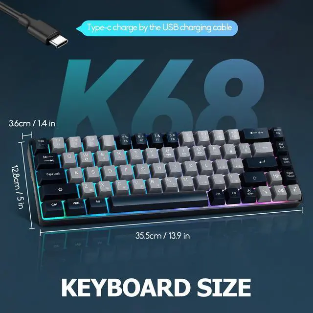 Alt view image 4 of 7 - Wired Portable 60% Mechanical Feeling Gaming Keyboard,RGB LED Backlit Compact 68 Keys Mini Wired Office Keyboard for Windows Laptop PC Mac Gamer, Typist, Travel on Business Trip -Grey and Black