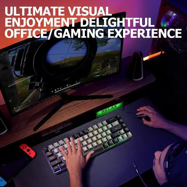 Alt view image 6 of 7 - Wired Portable 60% Mechanical Feeling Gaming Keyboard,RGB LED Backlit Compact 68 Keys Mini Wired Office Keyboard for Windows Laptop PC Mac Gamer, Typist, Travel on Business Trip -Grey and Black