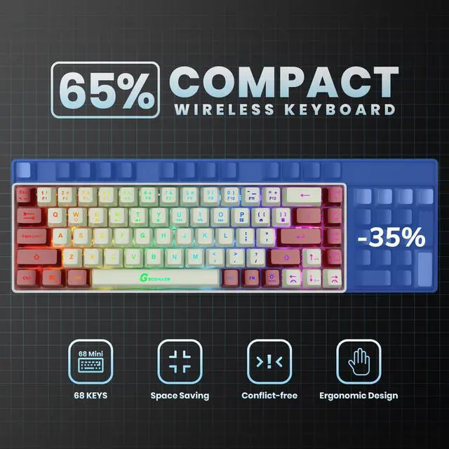 Alt view image 5 of 7 - GEODMAER 65% Wireless Gaming Keyboard: LED Backlit, 68 Keys, Ultra-Compact, Anti-ghosting, No-Conflict Wireless Keyboard for PC Laptop Windows Gamer(White-Red)