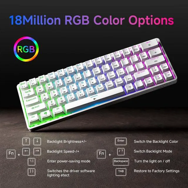 Alt view image 5 of 7 - TMKB T63 Gaming Keyboard, 60% Wireless Mechanical Keyboard with Bluetooth/2.4G/Type-C, Compact 63 Keys Anti-Ghosting, RGB Backlight, Linear Red Switch - White