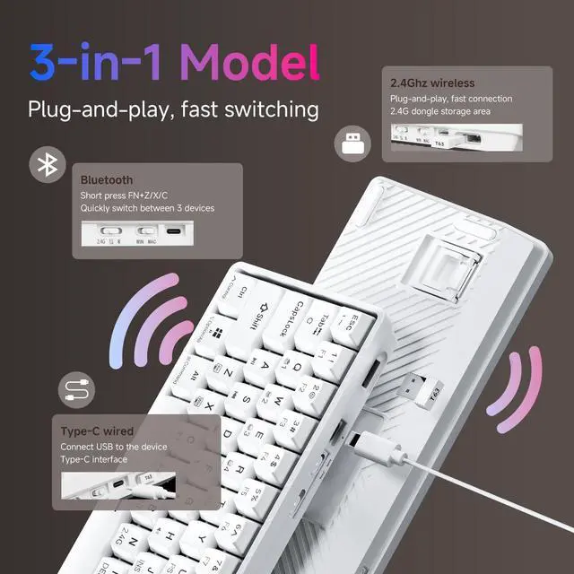 Alt view image 6 of 7 - TMKB T63 Gaming Keyboard, 60% Wireless Mechanical Keyboard with Bluetooth/2.4G/Type-C, Compact 63 Keys Anti-Ghosting, RGB Backlight, Linear Red Switch - White