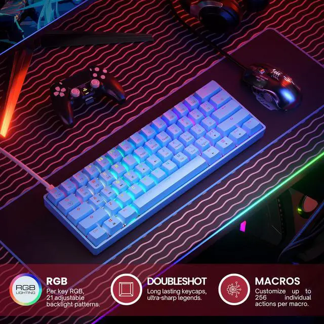 Alt view image 3 of 7 - GK61 Mechanical Gaming Keyboard - 61 Keys Multi Color RGB Illuminated LED Backlit Wired Programmable for PC/Mac Gamer (Gateron Optical Red, Blue)