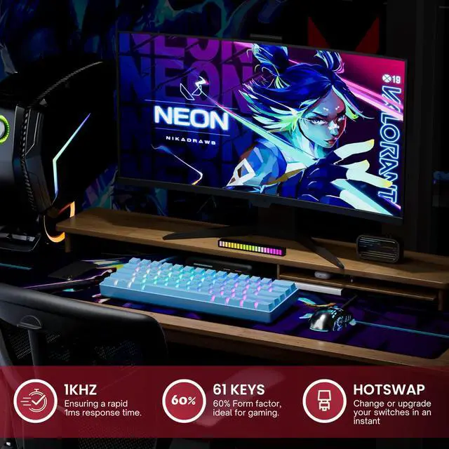 Alt view image 2 of 7 - GK61 Mechanical Gaming Keyboard - 61 Keys Multi Color RGB Illuminated LED Backlit Wired Programmable for PC/Mac Gamer (Gateron Optical Red, Blue)