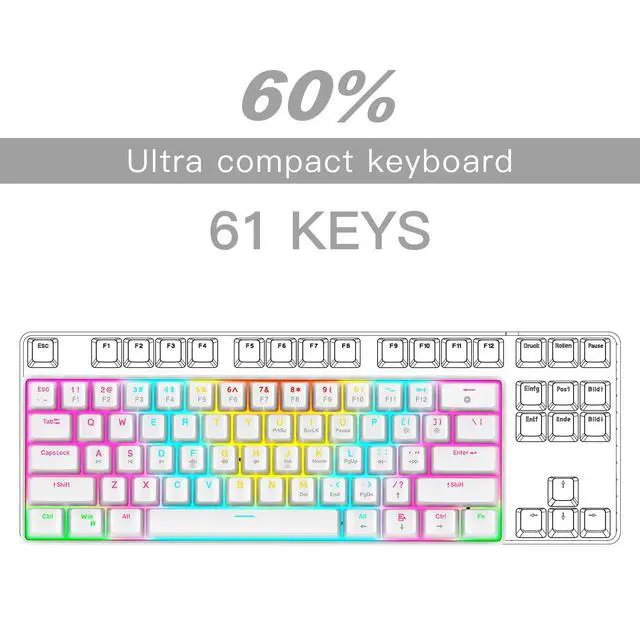 Alt view image 2 of 6 - RAZEAK Portable 60 Percent Keyboard, Compact 61 Keys Mini Mechanical Keyboard for PC/Mac Gamer Switchable Colorful Backlit - Red Switch - White