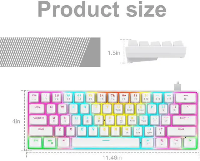 Alt view image 6 of 6 - RAZEAK Portable 60 Percent Keyboard, Compact 61 Keys Mini Mechanical Keyboard for PC/Mac Gamer Switchable Colorful Backlit - Red Switch - White