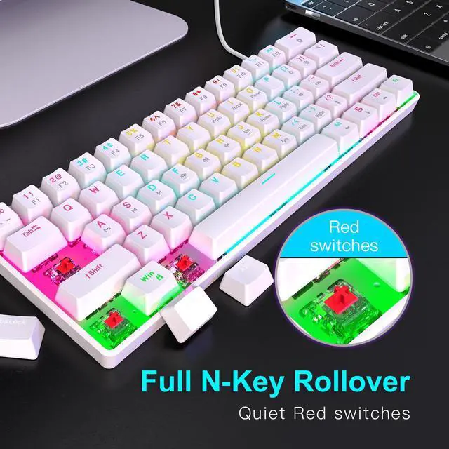 Alt view image 4 of 6 - RAZEAK Portable 60 Percent Keyboard, Compact 61 Keys Mini Mechanical Keyboard for PC/Mac Gamer Switchable Colorful Backlit - Red Switch - White