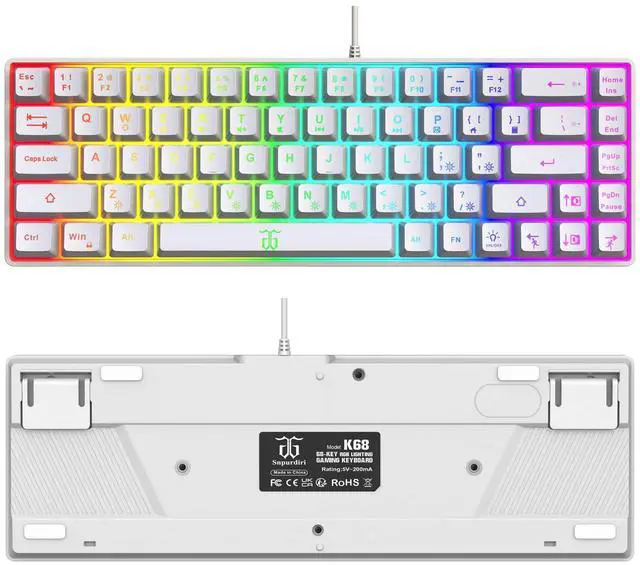 Alt view image 2 of 7 - Snpurdiri 60% Percent Gaming Keyboard, Compact RGB Backlit Ergonomic Small Mini Keyboard for Windows, PC, Laptop, Gaming (68 Keys, White)
