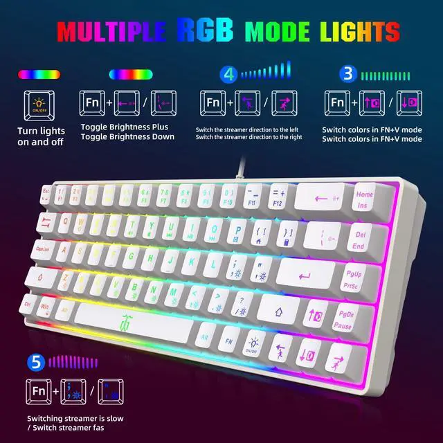 Alt view image 7 of 7 - Snpurdiri 60% Percent Gaming Keyboard, Compact RGB Backlit Ergonomic Small Mini Keyboard for Windows, PC, Laptop, Gaming (68 Keys, White)