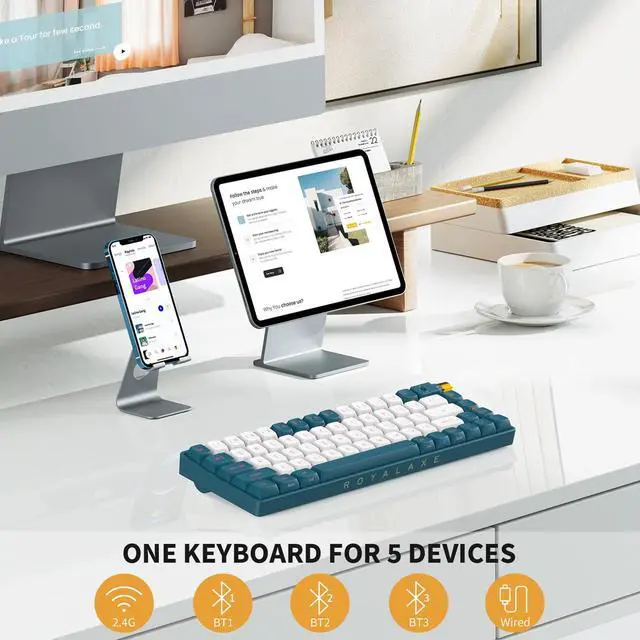 Alt view image 2 of 7 - ROYALAXE R68 60% Wireless Mechanical Keyboard, 2.4GHz/Type-C/BT5.0, Hot Swappable Custom, Pre-lubed Yellow Switches RGB Gaming Keyboard, White & Blue