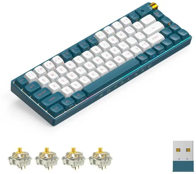 Main image of ROYALAXE R68 60% Wireless Mechanical Keyboard, 2.4GHz/Type-C/BT5.0, Hot Swappable Custom, Pre-lubed Yellow Switches RGB Gaming Keyboard, White & Blue
