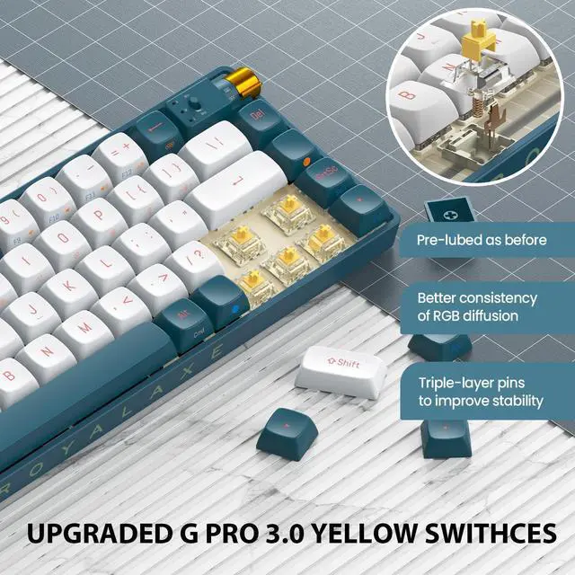 Alt view image 3 of 7 - ROYALAXE R68 60% Wireless Mechanical Keyboard, 2.4GHz/Type-C/BT5.0, Hot Swappable Custom, Pre-lubed Yellow Switches RGB Gaming Keyboard, White & Blue