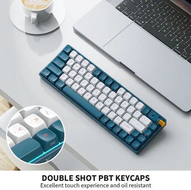 Alt view image 4 of 7 - ROYALAXE R68 60% Wireless Mechanical Keyboard, 2.4GHz/Type-C/BT5.0, Hot Swappable Custom, Pre-lubed Yellow Switches RGB Gaming Keyboard, White & Blue