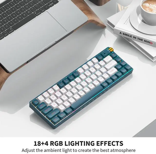 Alt view image 6 of 7 - ROYALAXE R68 60% Wireless Mechanical Keyboard, 2.4GHz/Type-C/BT5.0, Hot Swappable Custom, Pre-lubed Yellow Switches RGB Gaming Keyboard, White & Blue