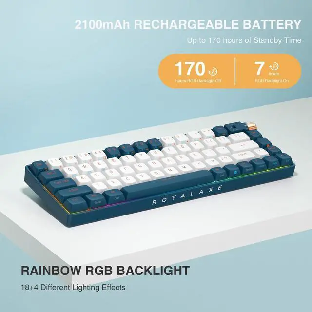 Alt view image 7 of 7 - ROYALAXE R68 60% Wireless Mechanical Keyboard, 2.4GHz/Type-C/BT5.0, Hot Swappable Custom, Pre-lubed Yellow Switches RGB Gaming Keyboard, White & Blue