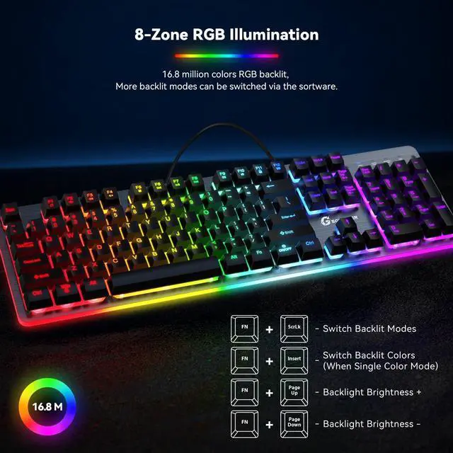 Alt view image 2 of 7 - GEODMAER RGB Backlit Wired Gaming Keyboard, 104 Keys, 8-Zone RGB Illumination, Metal Top Cover, Programmable Macro Full Size Keyboard for PC Laptop Mac Xbox
