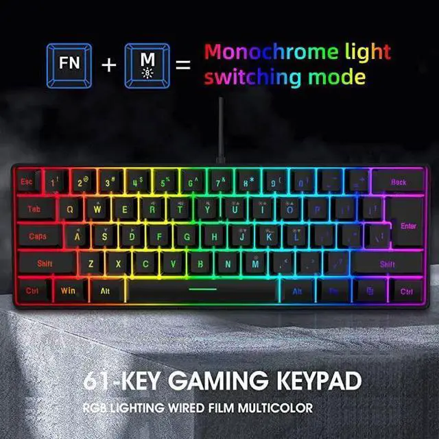 Alt view image 4 of 7 - DGG K60 61 Keys RGB Backlit 60% Wired Gaming Keyboard, Ergonomic Waterproof Mini Compact 60 Percent Mechanical Feeling Keyboard, for PC Mac PS4 Xbox Gamer, Typist, Travel