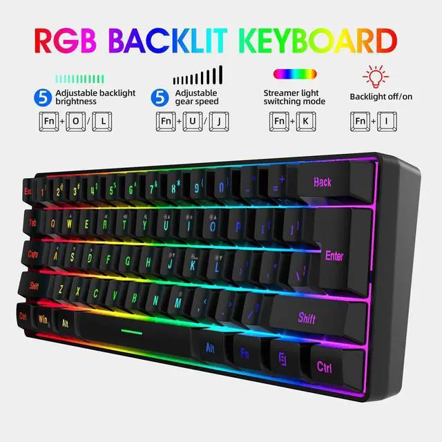 Alt view image 3 of 7 - DGG K60 61 Keys RGB Backlit 60% Wired Gaming Keyboard, Ergonomic Waterproof Mini Compact 60 Percent Mechanical Feeling Keyboard, for PC Mac PS4 Xbox Gamer, Typist, Travel