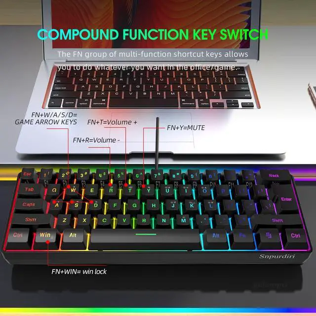 Alt view image 6 of 7 - DGG K60 61 Keys RGB Backlit 60% Wired Gaming Keyboard, Ergonomic Waterproof Mini Compact 60 Percent Mechanical Feeling Keyboard, for PC Mac PS4 Xbox Gamer, Typist, Travel