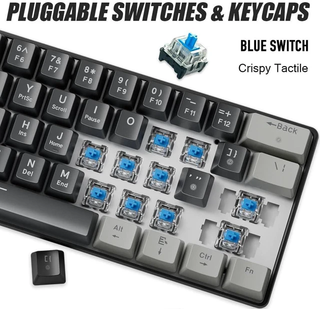 Alt view image 2 of 6 - abucow 60% Mechanical Gaming Keyboard Blue Switch Wired Compact Keyboard Anti-Ghosting No-Conflict 61 Swappable keycaps Ergonomic Design for Windows/Mac (Gray-Black)