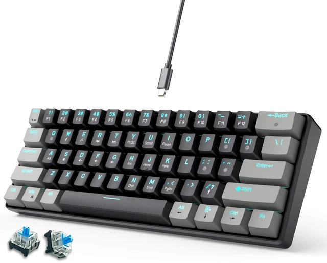 Main image of abucow 60% Mechanical Gaming Keyboard Blue Switch Wired Compact Keyboard Anti-Ghosting No-Conflict 61 Swappable keycaps Ergonomic Design for Windows/Mac (Gray-Black)
