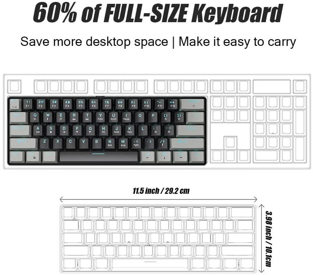 Alt view image 4 of 6 - abucow 60% Mechanical Gaming Keyboard Blue Switch Wired Compact Keyboard Anti-Ghosting No-Conflict 61 Swappable keycaps Ergonomic Design for Windows/Mac (Gray-Black)