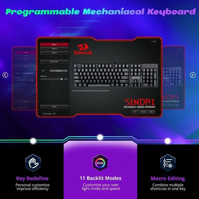 Alt view image 4 of 7 - Mechanical Gaming Keyboard Wired, 11 Programmable Backlit Modes, Hot-Swappable Red Switch, Anti-Ghosting, Double-Shot PBT Keycaps, Light Up Keyboard for PC Mac