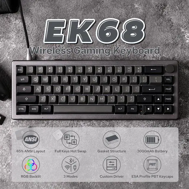 Alt view image 2 of 7 - EPOMAKER EK68 65% Wireless Gaming Keyboard with Metal Knob, Hot Swappable Gasket Mechanical Keyboard, Bluetooth 5.0/2.4Ghz/USB-C, NKRO, Programmable, RGB Backlit (Black Silver, Budgerigar Switch)