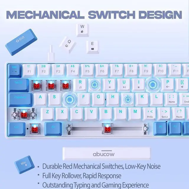Alt view image 2 of 6 - abucow 60% Mechanical Gaming Keyboard, Red Switch Wired Compact Keyboard with Blue Backlight, Swappable Blue White Keycaps, for Windows/Mac