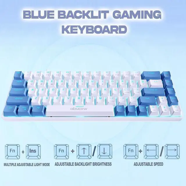 Alt view image 3 of 6 - abucow 60% Mechanical Gaming Keyboard, Red Switch Wired Compact Keyboard with Blue Backlight, Swappable Blue White Keycaps, for Windows/Mac