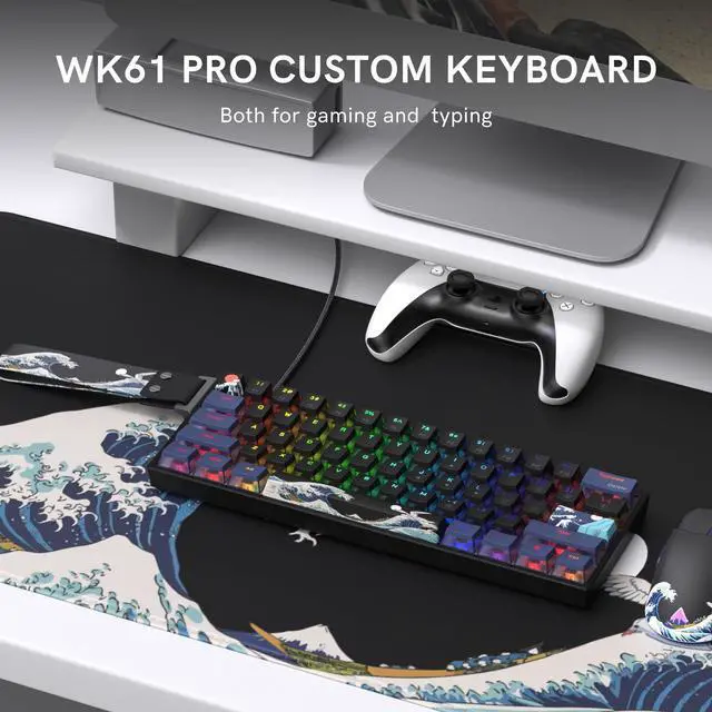 Alt view image 3 of 7 - COSTOM WK61 PRO 60% Percent Keyboard with QMK, Black Kanagawa Wired Mechanical Gaming Keyboard with Strap RGB Backlit, Anime Pudding PBT Keycaps, Hot Swappable POM Linear Red Switch