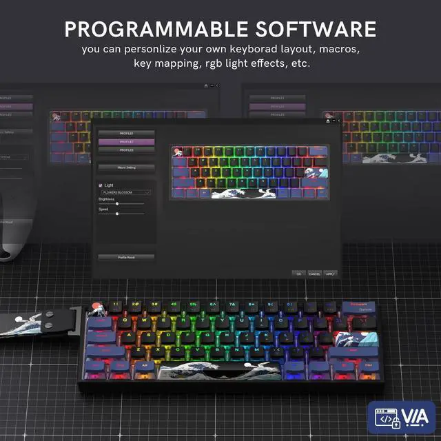 Alt view image 4 of 7 - COSTOM WK61 PRO 60% Percent Keyboard with QMK, Black Kanagawa Wired Mechanical Gaming Keyboard with Strap RGB Backlit, Anime Pudding PBT Keycaps, Hot Swappable POM Linear Red Switch