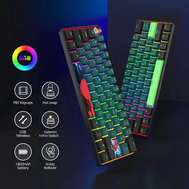 Alt view image 2 of 7 - surmen GT61 Wireless 60% Keyboard, Mini RGB Mechanical Gaming Keyboard 60 Percent Hot-Swappable with Linear Gateron Switch Type-C/Bluetooth 5.0 Programmable (Gateron Yellow, Sound Wave 61)