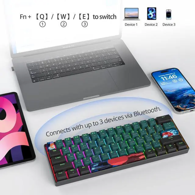 Alt view image 5 of 7 - surmen GT61 Wireless 60% Keyboard, Mini RGB Mechanical Gaming Keyboard 60 Percent Hot-Swappable with Linear Gateron Switch Type-C/Bluetooth 5.0 Programmable (Gateron Yellow, Sound Wave 61)