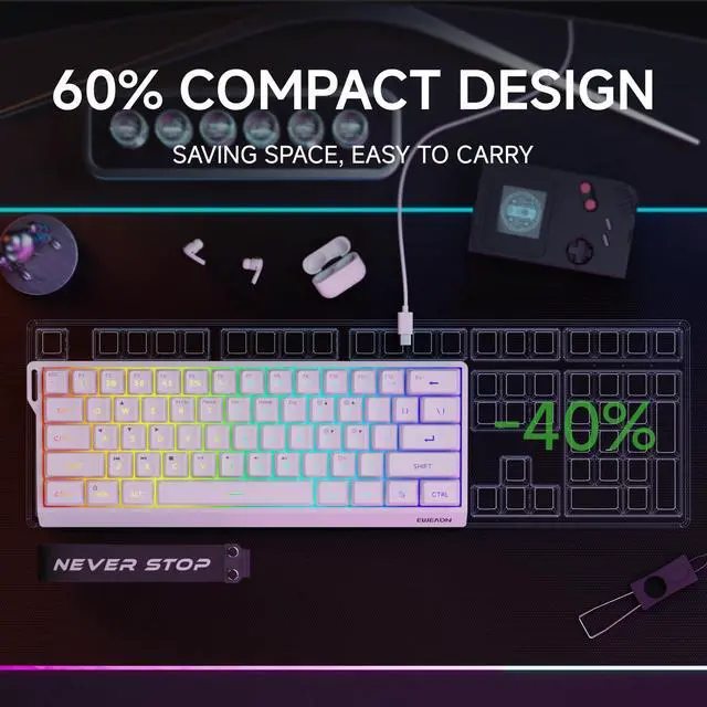 Alt view image 5 of 7 - SEUNKWANG EWEADN F61 60% Gaming Keyboard Wired, RGB Backlit Membrane Gaming Keyboard with PBT Keycaps, Compact Design, Lanyard Wired Keyboard for Mac/Win-White