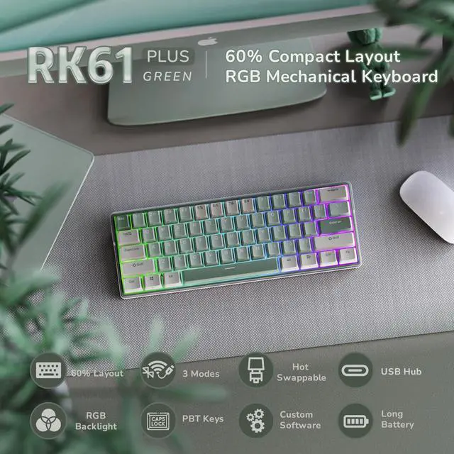 Alt view image 2 of 7 - RK ROYAL KLUDGE RK61 Plus Wireless Gaming Keyboard, 60 Percent Mechanical Keyboard with Bluetooth/2.4Ghz/USB Wired, RGB Custom Keyboards for Win/Mac, PC Game, Hot Swappable Silent Linear Switch, Green