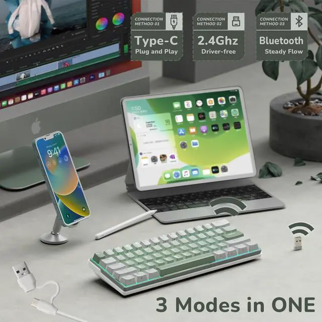 Alt view image 3 of 7 - RK ROYAL KLUDGE RK61 Plus Wireless Gaming Keyboard, 60 Percent Mechanical Keyboard with Bluetooth/2.4Ghz/USB Wired, RGB Custom Keyboards for Win/Mac, PC Game, Hot Swappable Silent Linear Switch, Green