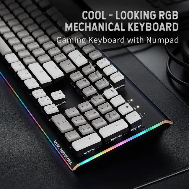 Alt view image 3 of 7 - Hexgears GK735 Wired Full Size Mechanical Keyboard, Aluminum Housing Built for Gamers w/Kailh Box White Switch, White Backlit + Surrounded by RGB Light Strip, 104 Keys Gaming Keyboard for PC/Mac
