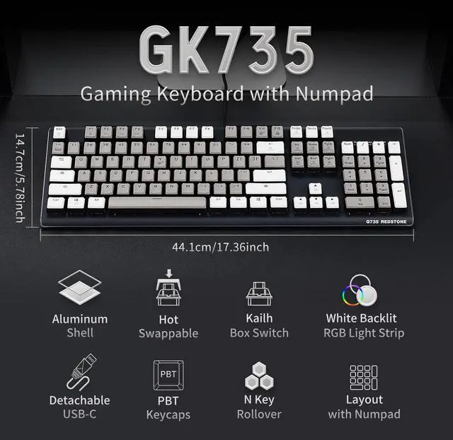 Alt view image 2 of 7 - Hexgears GK735 Wired Full Size Mechanical Keyboard, Aluminum Housing Built for Gamers w/Kailh Box White Switch, White Backlit + Surrounded by RGB Light Strip, 104 Keys Gaming Keyboard for PC/Mac