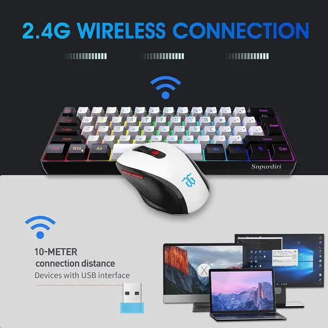 Alt view image 2 of 7 - Snpurdiri 2.4G Wireless Gaming Keyboard and Mouse Combo, Include Mini 60% Merchanical Feel RGB Backlit Keyboard, Ergonomic Vertical Feel Small Wireless Mouse(Black and White)