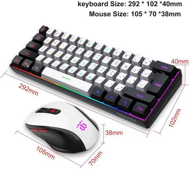 Alt view image 6 of 7 - Snpurdiri 2.4G Wireless Gaming Keyboard and Mouse Combo, Include Mini 60% Merchanical Feel RGB Backlit Keyboard, Ergonomic Vertical Feel Small Wireless Mouse(Black and White)